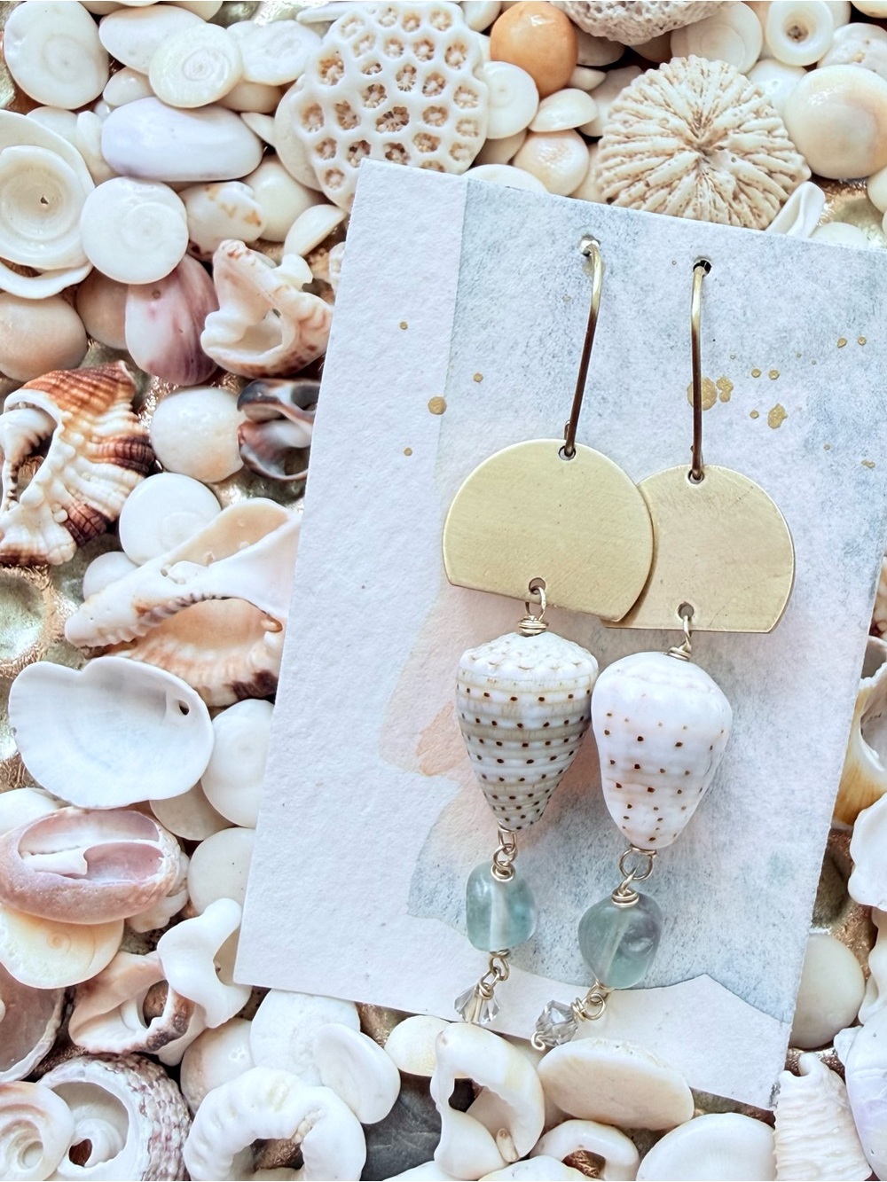 Handcrafted Shell Drop Earrings with Gold Accent - White & Gold